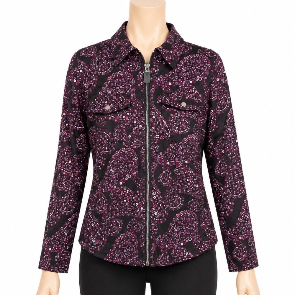 Michael Michael Kors Paisley Floral Zip Front Blouse Petite PM Long Sleeve Top